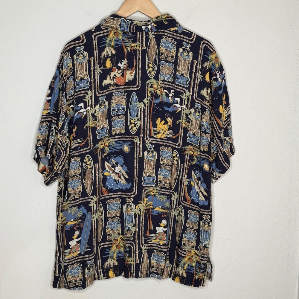 Disney Store Hawaiian Shirt Mens L Navy Rayon Tiki Surf Mickey Pluto Y2k 2000s View 2